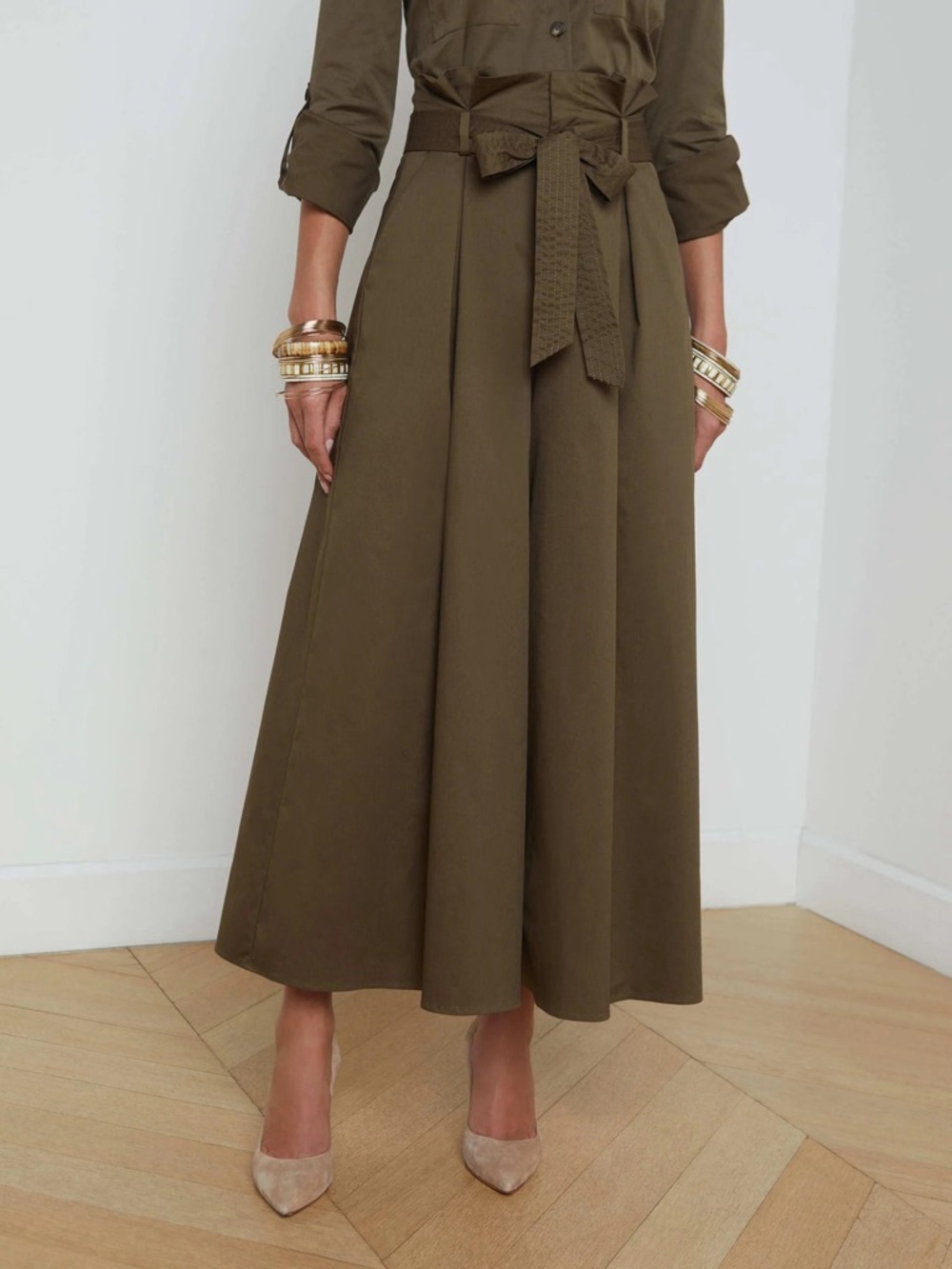 L'AGENCE Olive High-Waist Cropped Wide-Leg Jumpsuit Pants with Self-Tie Belt